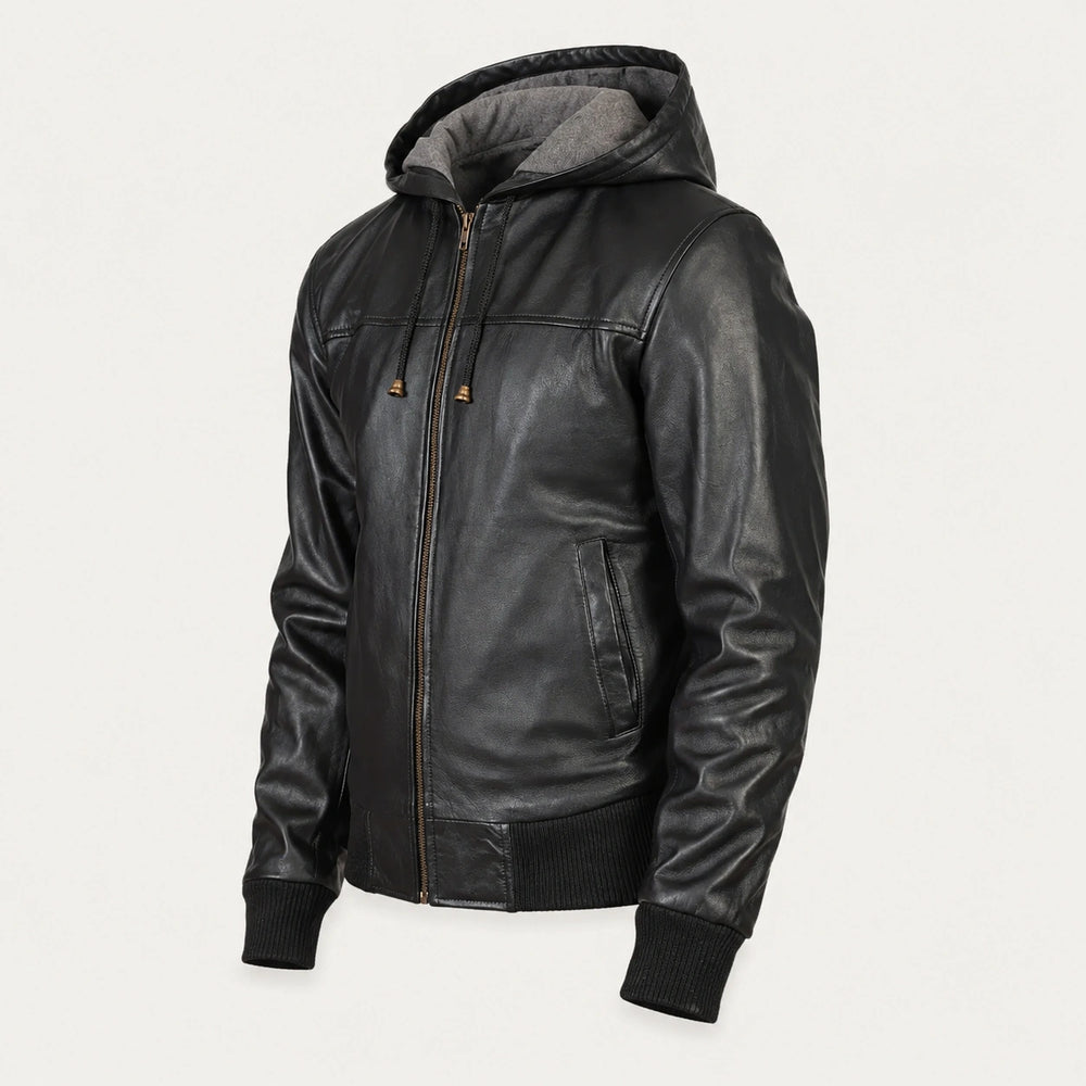 Men’s Black Hooded Leather Bomber Jacket