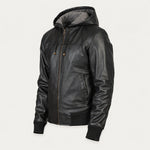 Men’s Black Hooded Leather Bomber Jacket