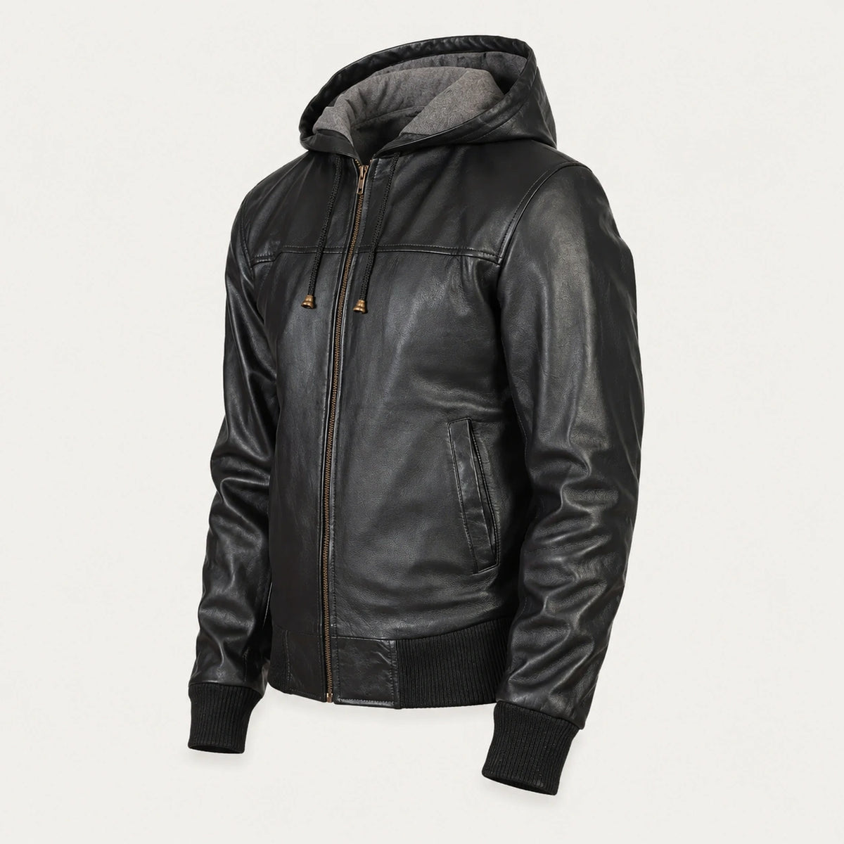 Men’s Black Hooded Leather Bomber Jacket
