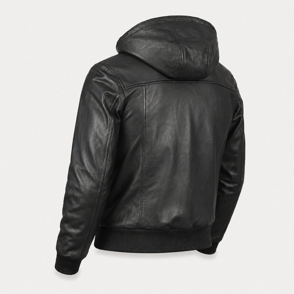 Men’s Black Hooded Leather Bomber Jacket