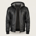 Men’s Black Hooded Leather Bomber Jacket