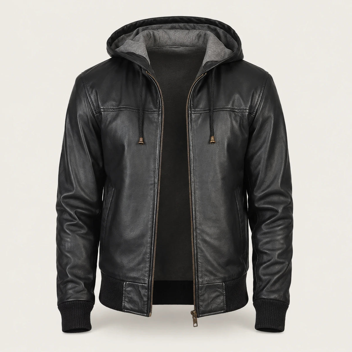 Men’s Black Hooded Leather Bomber Jacket