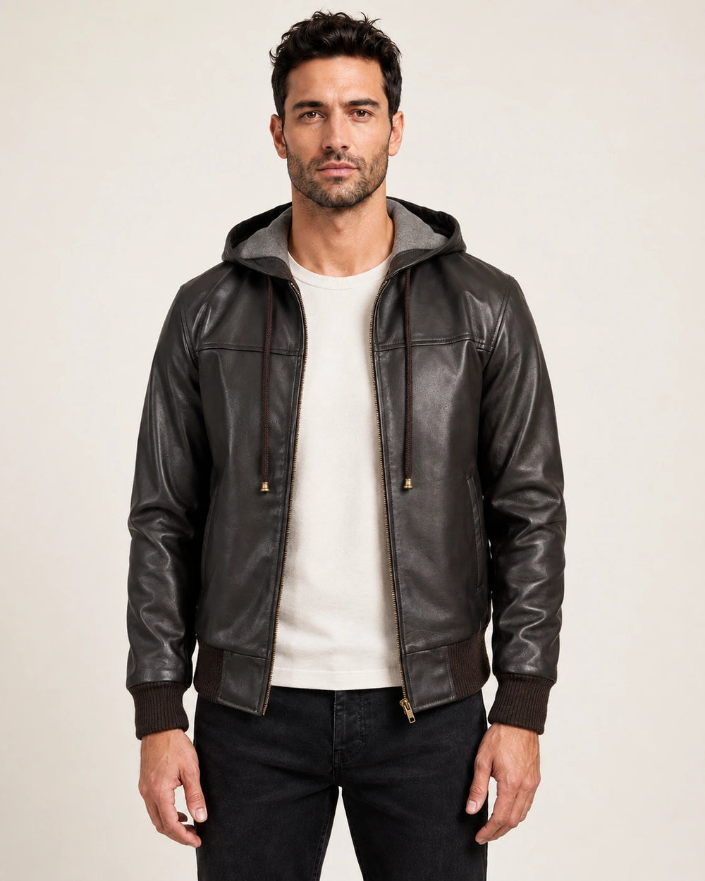 Men’s Brown Hooded Leather Bomber Jacket