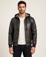 Men’s Brown Hooded Leather Bomber Jacket