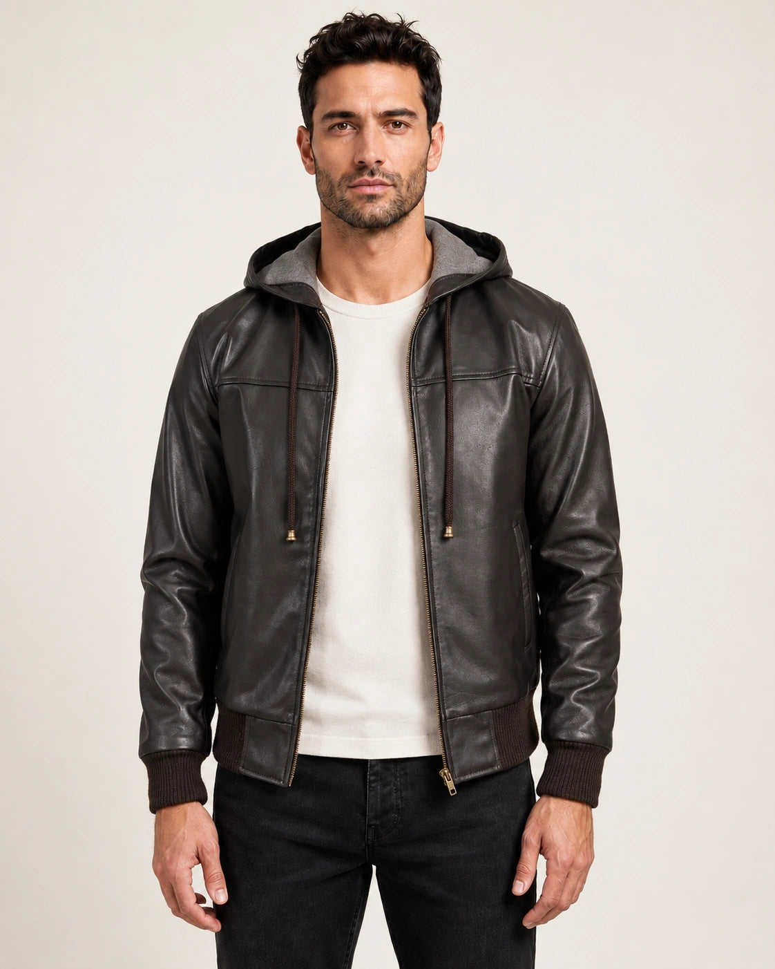 Men’s Brown Hooded Leather Bomber Jacket