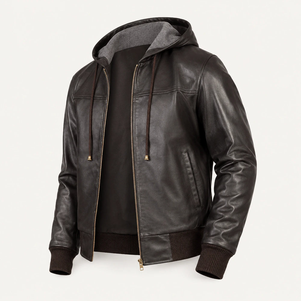 Men’s Brown Hooded Leather Bomber Jacket