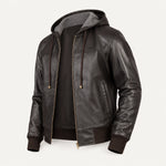Men’s Brown Hooded Leather Bomber Jacket