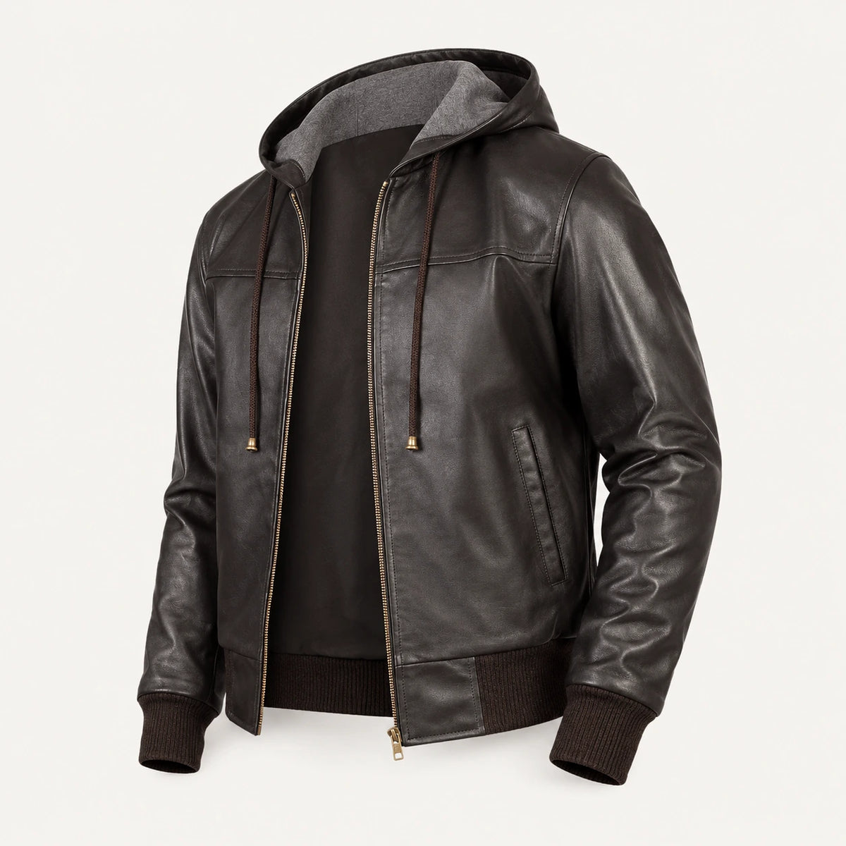 Men’s Brown Hooded Leather Bomber Jacket