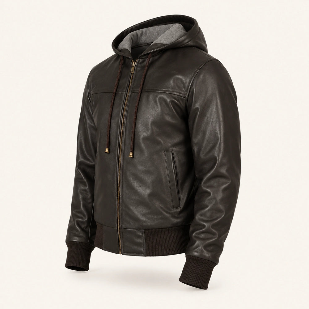 Men’s Brown Hooded Leather Bomber Jacket