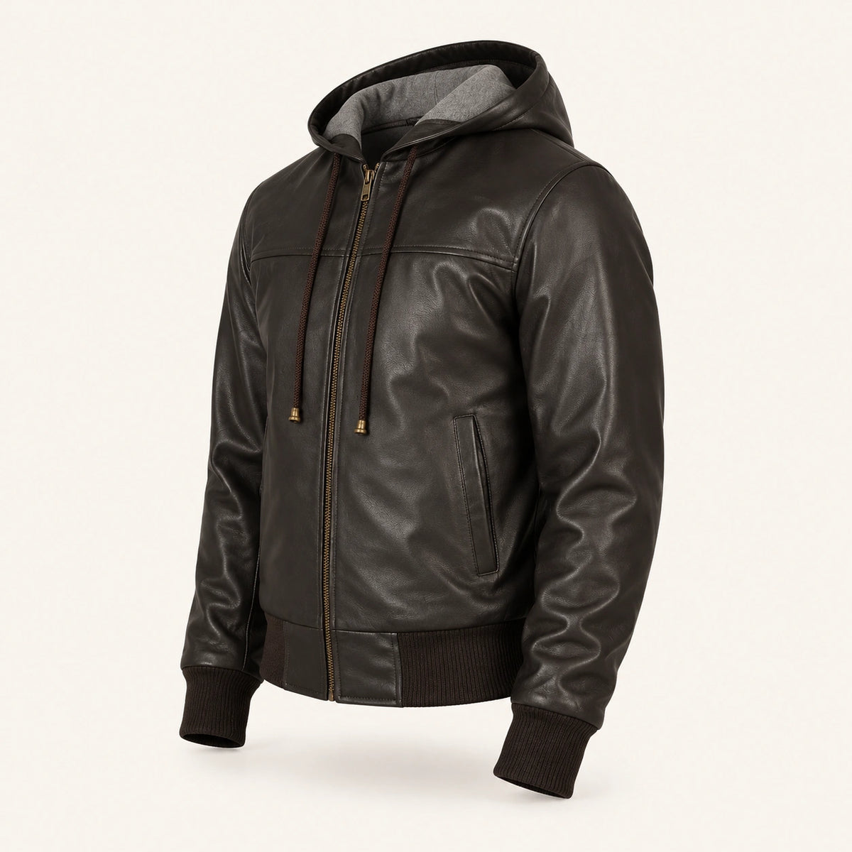 Men’s Brown Hooded Leather Bomber Jacket