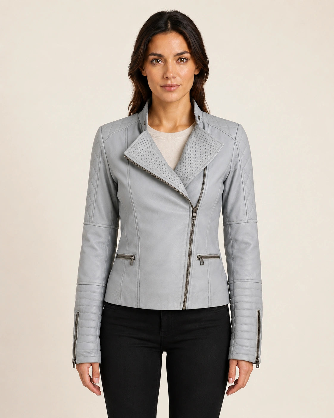 Women’s Grey Leather Jacket with Quilted Puffer Cuffs