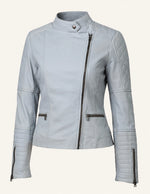 Women’s Grey Leather Jacket with Quilted Puffer Cuffs