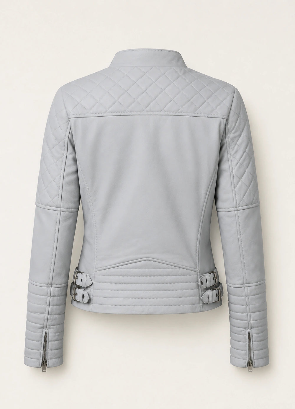 Women’s Grey Leather Jacket with Quilted Puffer Cuffs