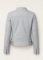 Women’s Grey Leather Jacket with Quilted Puffer Cuffs