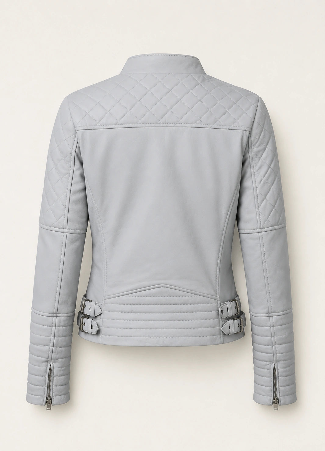 Women’s Grey Leather Jacket with Quilted Puffer Cuffs