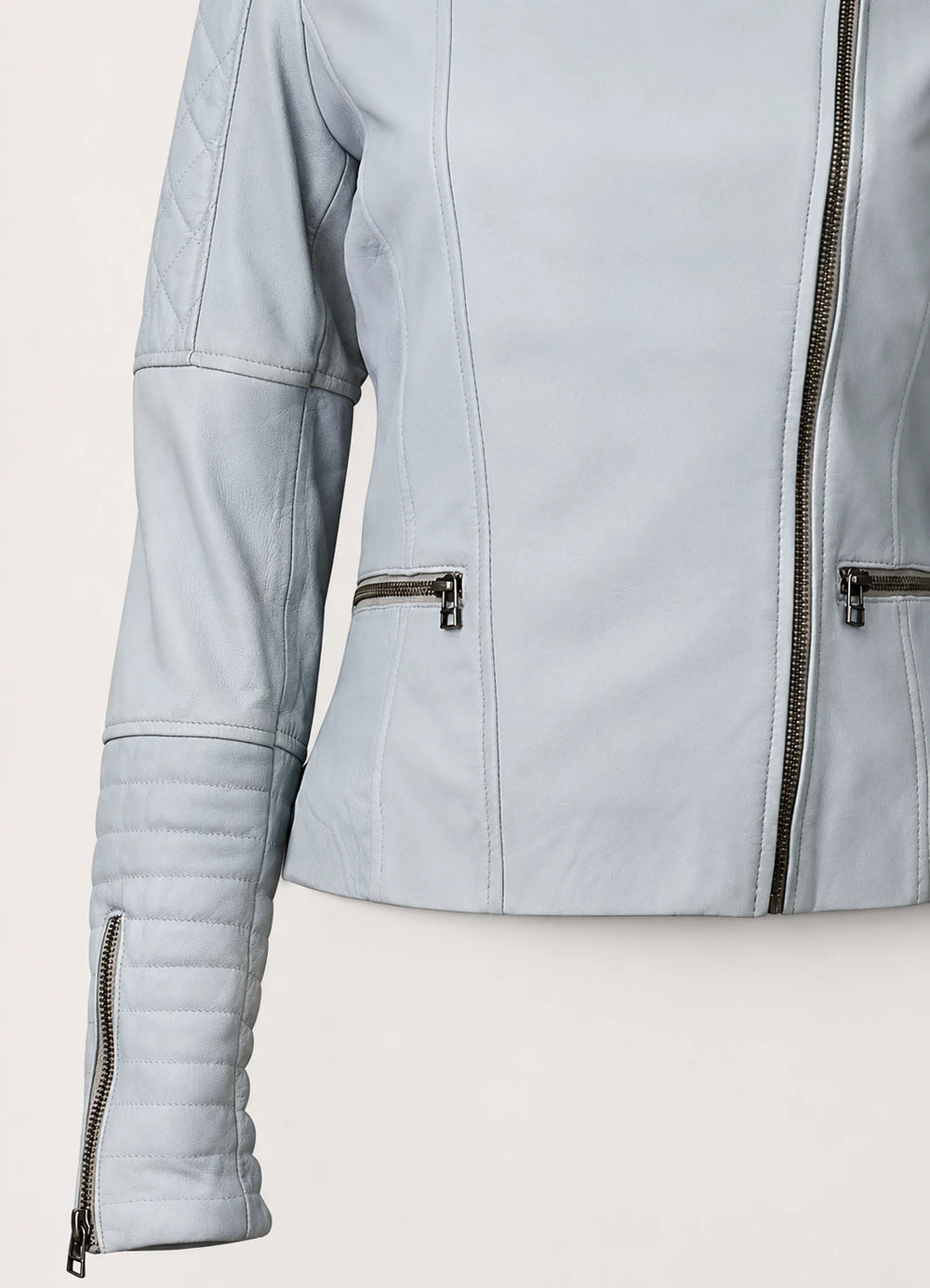 Women’s Grey Leather Jacket with Quilted Puffer Cuffs