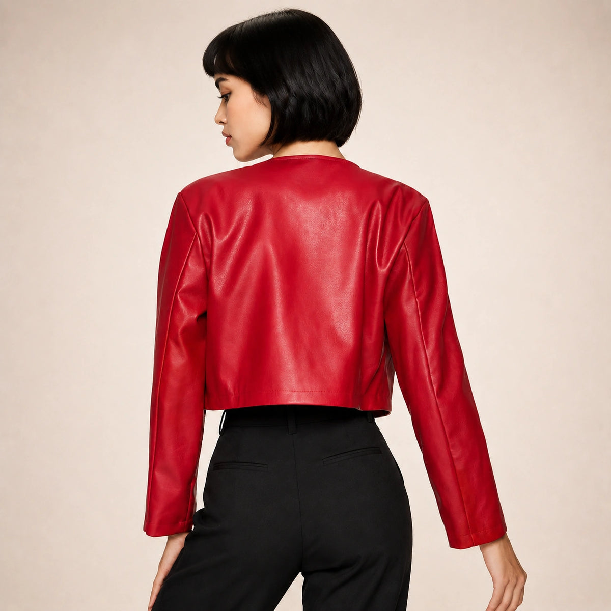 Red Cropped Leather Jacket for Women’s – Open Front Jacket
