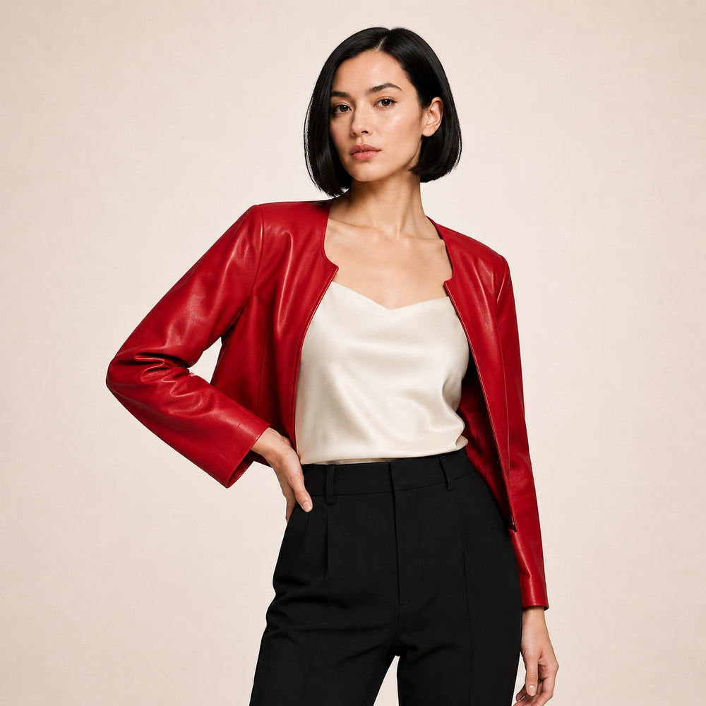 Red Cropped Leather Jacket for Women’s – Open Front Jacket