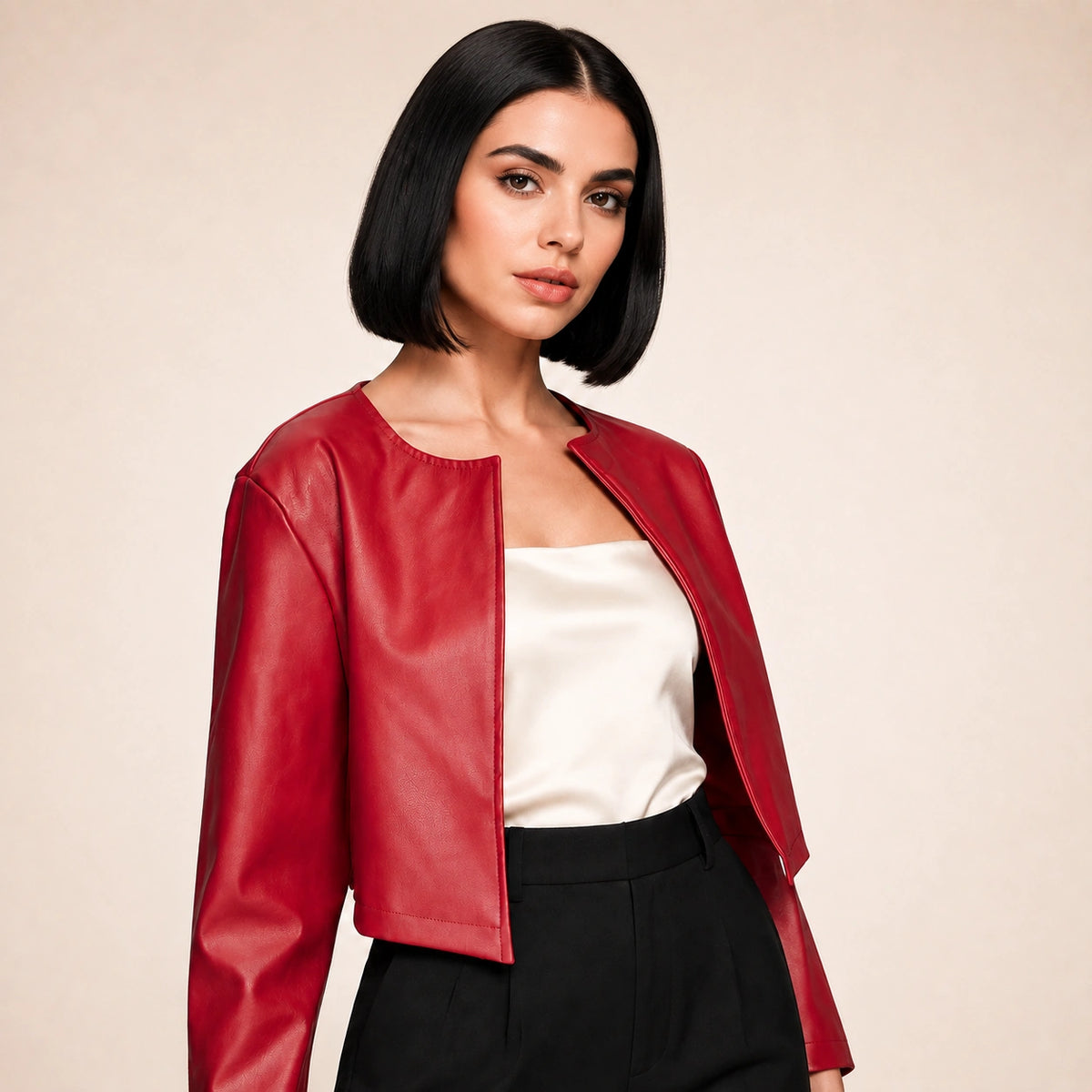 Red Cropped Leather Jacket for Women’s – Open Front Jacket