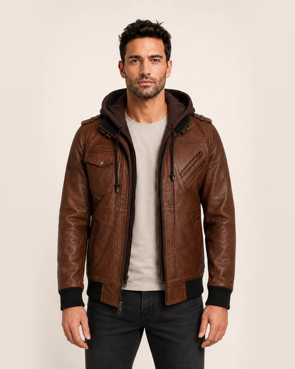 The Royal Men’s Cognac Real Lambskin Leather Bomber Jacket with Removable Hood