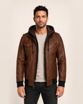 The Royal Men’s Cognac Real Lambskin Leather Bomber Jacket with Removable Hood