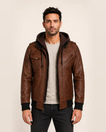 The Royal Men’s Cognac Real Lambskin Leather Bomber Jacket with Removable Hood