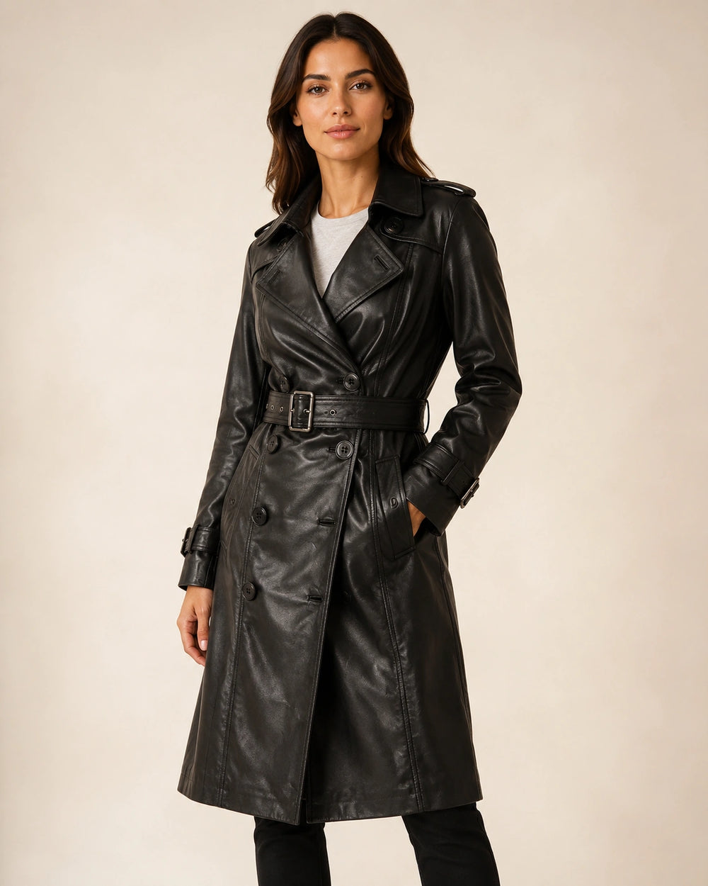 The Royal Women's Double-Breasted Black Leather Trench Coat