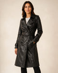 The Royal Women's Double-Breasted Black Leather Trench Coat