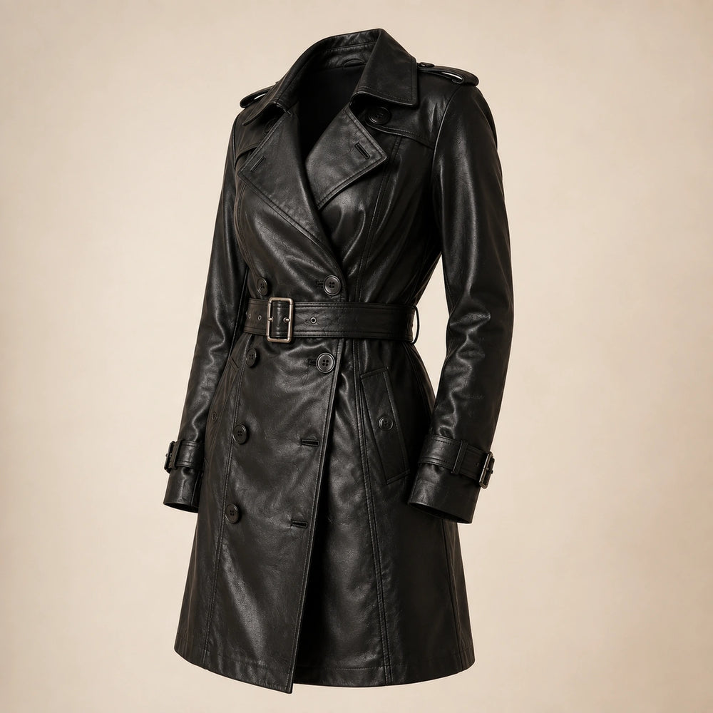 The Royal Women's Double-Breasted Black Leather Trench Coat