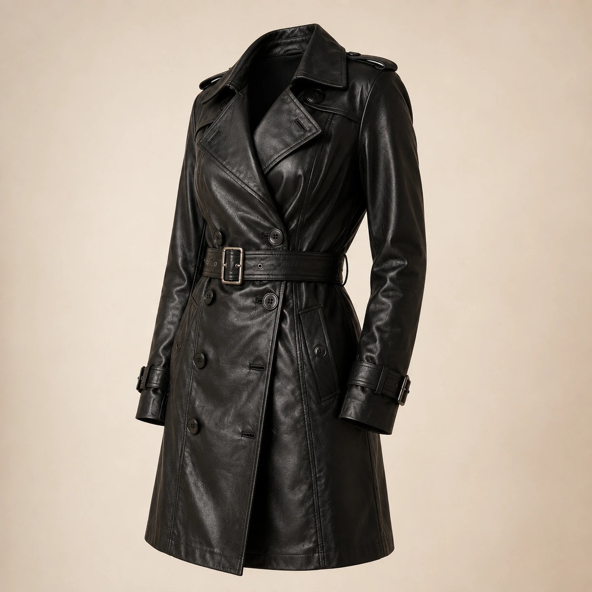 The Royal Women's Double-Breasted Black Leather Trench Coat