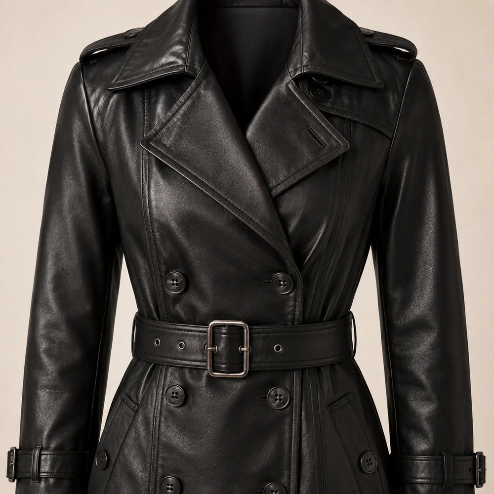 The Royal Women's Double-Breasted Black Leather Trench Coat