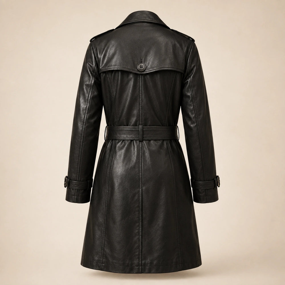 The Royal Women's Double-Breasted Black Leather Trench Coat