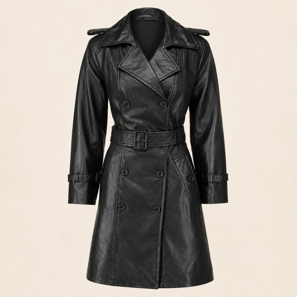The Royal Women's Double-Breasted Black Leather Trench Coat