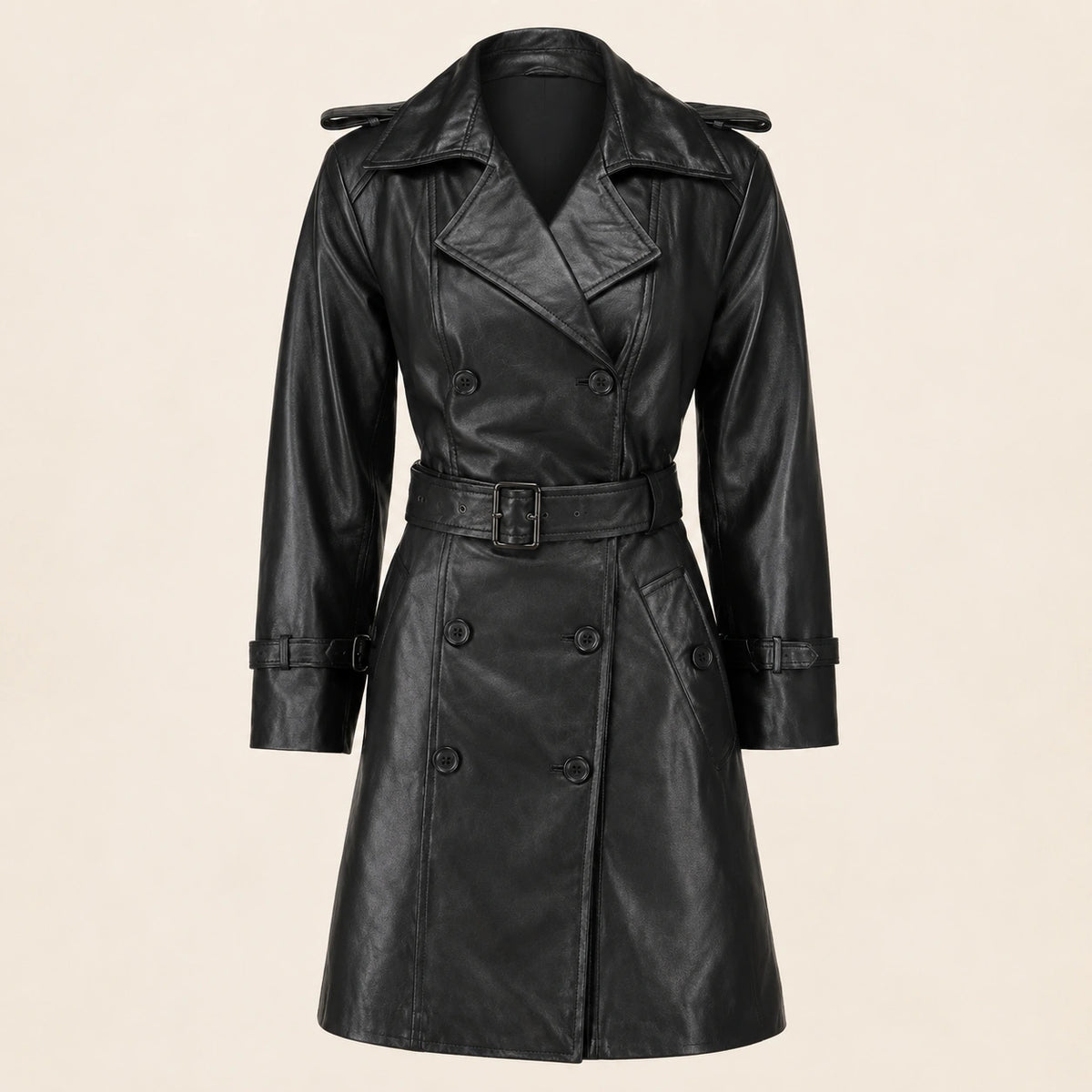The Royal Women's Double-Breasted Black Leather Trench Coat