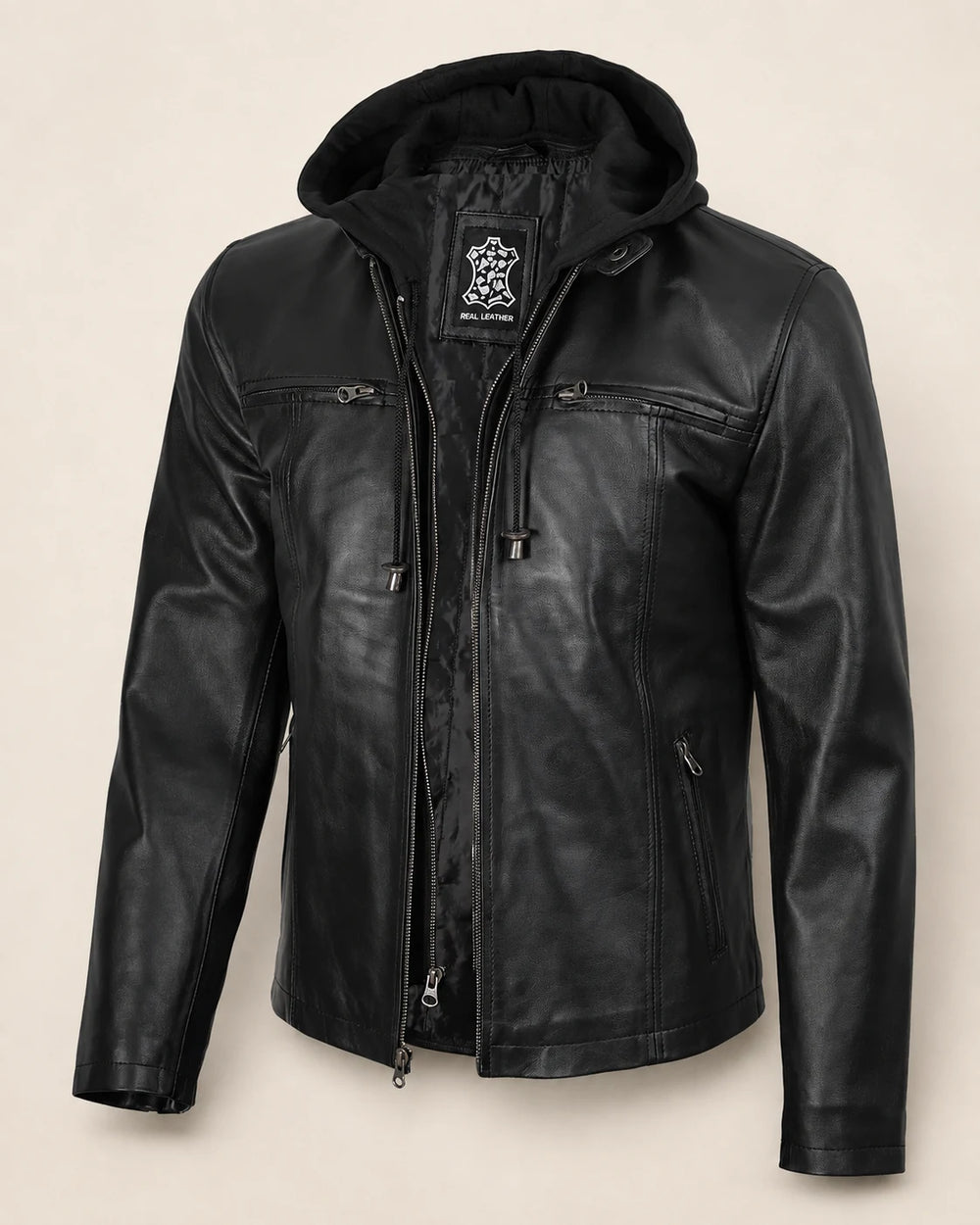 The Royal Men's Black Leather Bomber Jacket with Removable Hood
