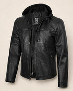 The Royal Men's Black Leather Bomber Jacket with Removable Hood