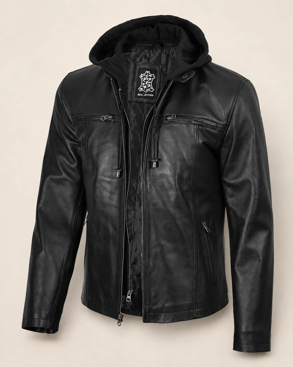 The Royal Men's Black Leather Bomber Jacket with Removable Hood