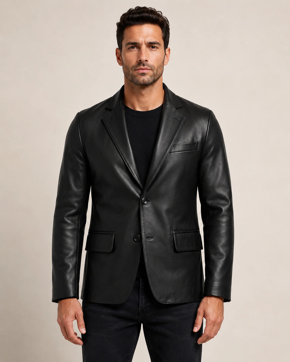 Men's Notch Lapel Black Royal Leather Blazer Front Two Button