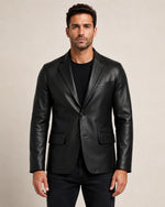 Men's Notch Lapel Black Royal Leather Blazer Front Two Button