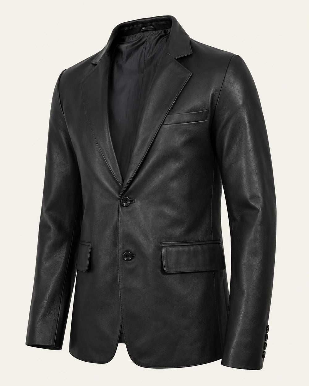 Men's Notch Lapel Black Royal Leather Blazer Front Two Button