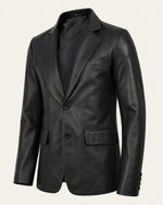 Men's Notch Lapel Black Royal Leather Blazer Front Two Button
