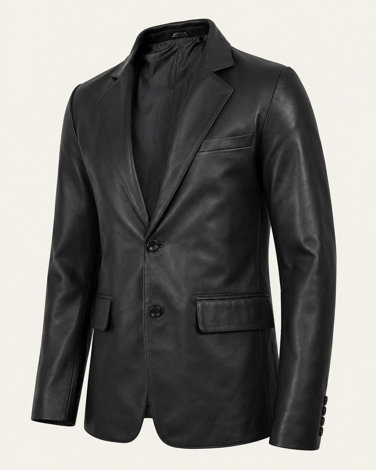 Men's Notch Lapel Black Royal Leather Blazer Front Two Button