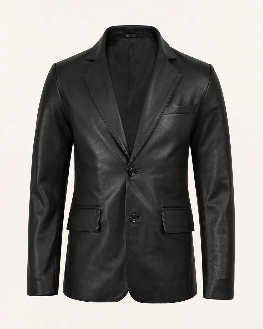 Men's Notch Lapel Black Royal Leather Blazer Front Two Button
