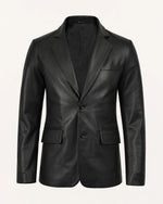 Men's Notch Lapel Black Royal Leather Blazer Front Two Button