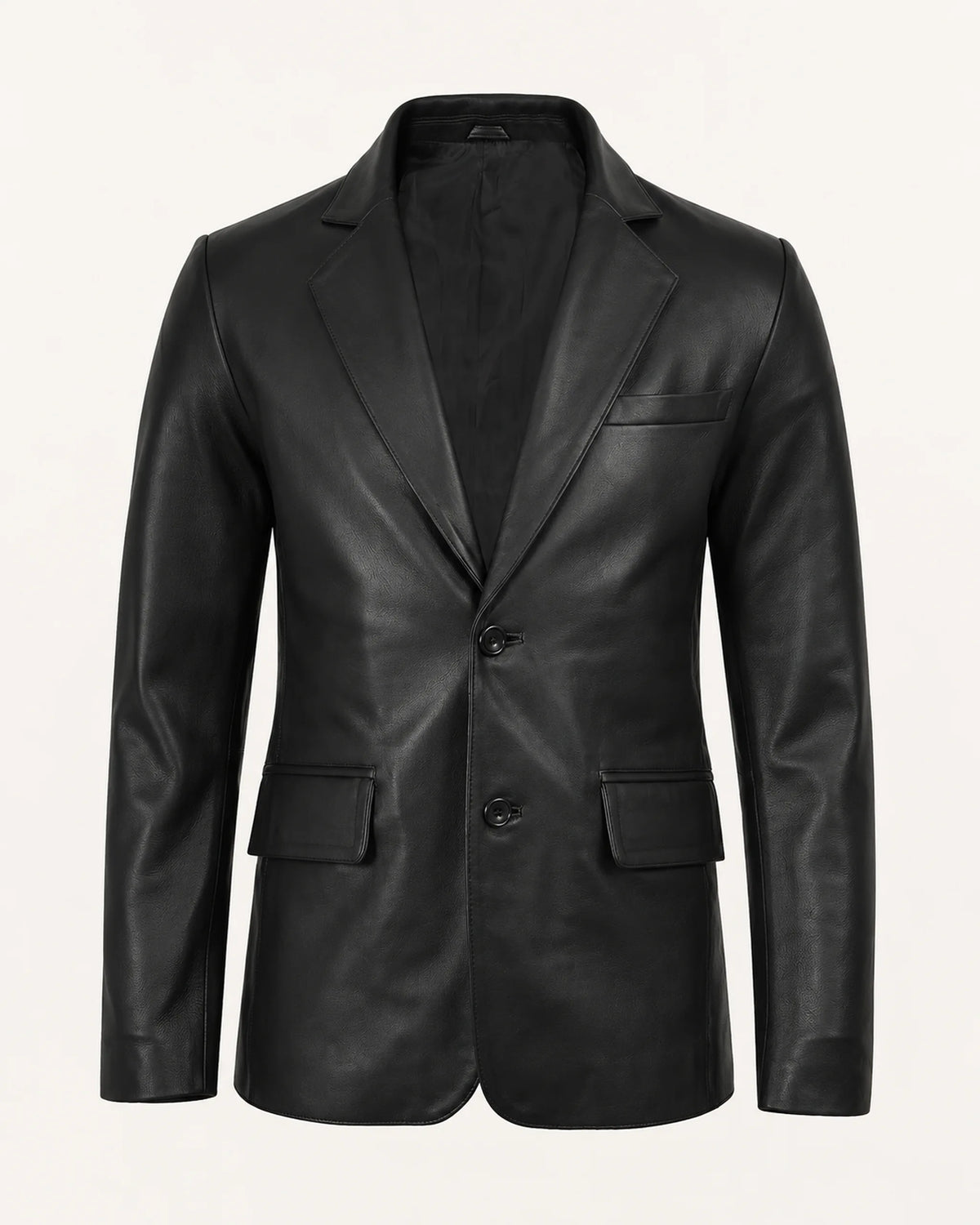 Men's Notch Lapel Black Royal Leather Blazer Front Two Button