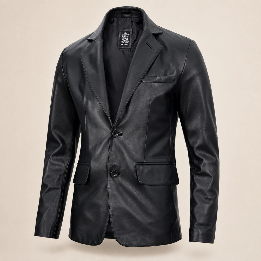 The Royal Men’s Black Leather Blazer – Two-Button Notch Lapel