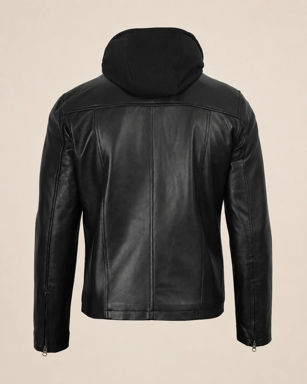The Royal Men's Black Leather Bomber Jacket with Removable Hood