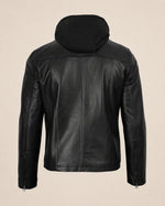The Royal Men's Black Leather Bomber Jacket with Removable Hood