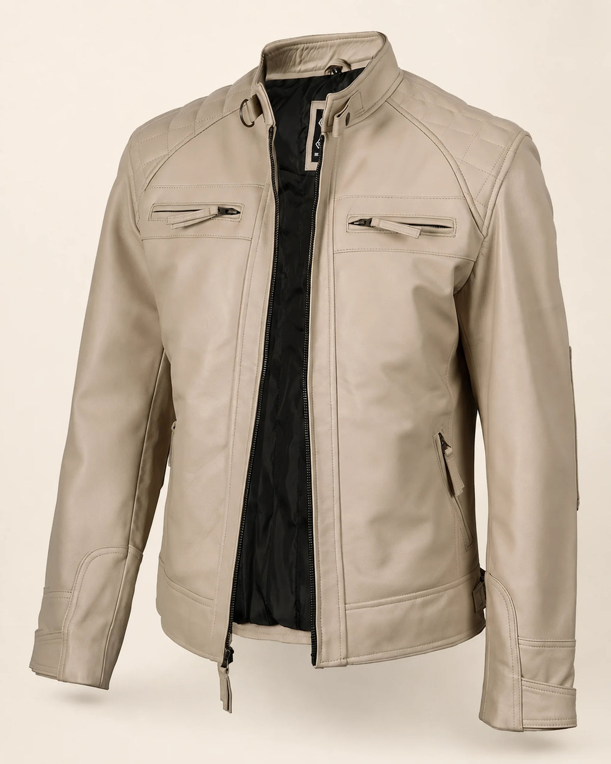 Luxury Men's Beige Biker Leather Jacket with Quilted Shoulders