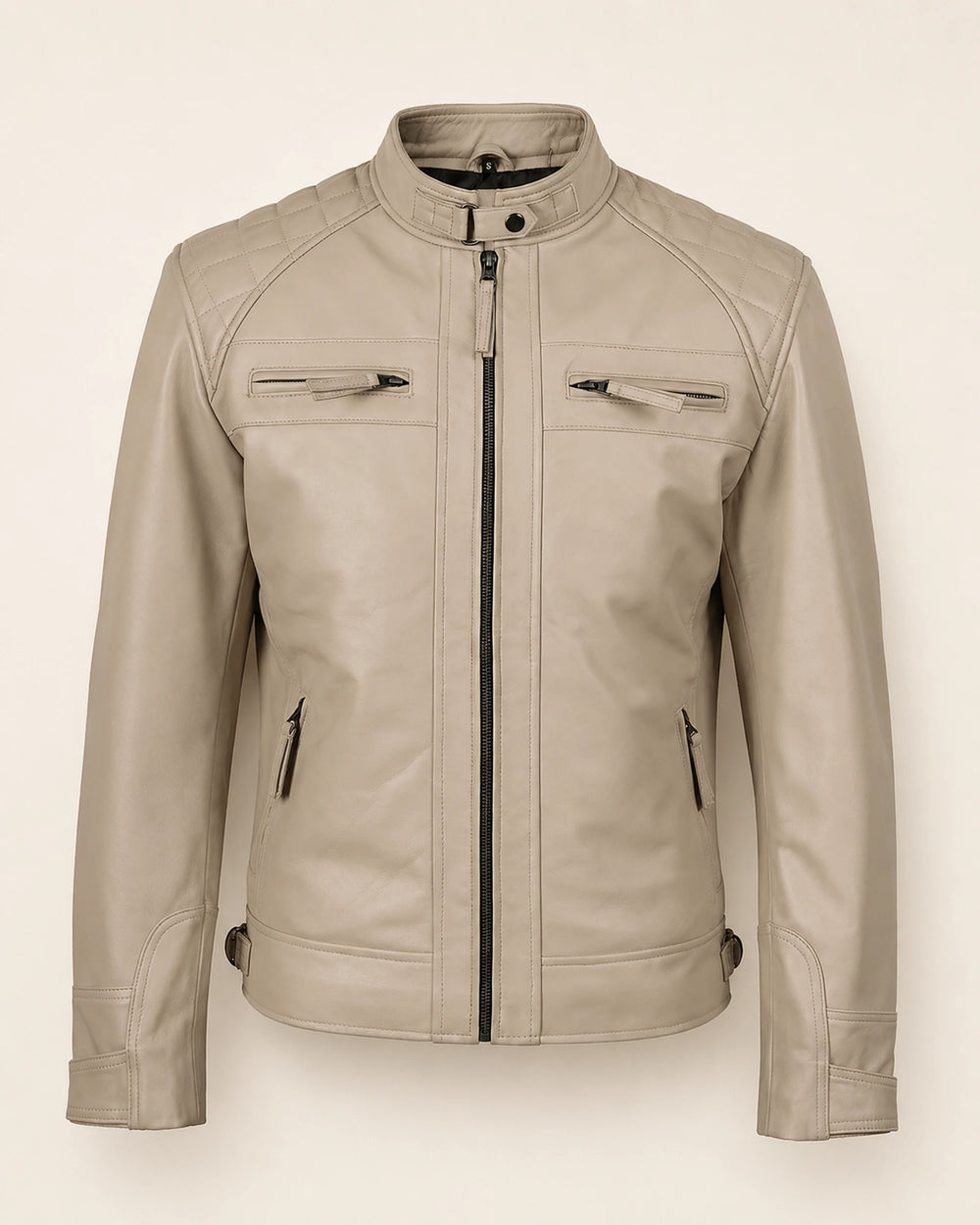 Luxury Men's Beige Biker Leather Jacket with Quilted Shoulders